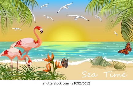 Vector illustration with a tropical beach.Palm trees, flowers, butterflies and flamingos on a tropical beach in color vector illustration.