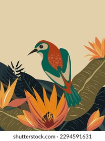 Ilustración vectorial. Ave tropical. Diseño para portada, afiche, banner, postal. Estilo boho.