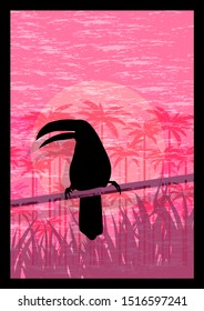 vector illustration of tropical bird silhouette and forest at the background in pink color