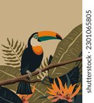 Vector illustration. Tropical bird. Toucan. Hawaii. Tropical flowers. Exotic. Retro style. Design for posters, banners, postcards.