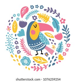 vector illustration, tropical bird toucan and flowers arranged in a circle