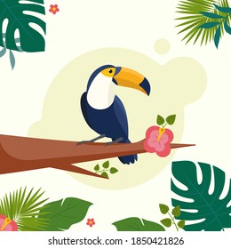 Vector illustration of a tropical bird Toucan on a floral background. Colorful icon of tropical nature