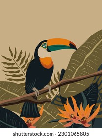 Vector illustration. Tropical bird. Toucan. Hawaii. Tropical flowers. Exotic. Retro style. Design for posters, banners, postcards.