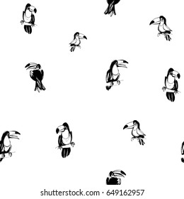 Vector illustration Tropical bird toucan summer seamless hipster pattern. Grunge design ink watercolor style. Hand drawn background. Greeting card, invitation, party flyer, textile, print. Black white