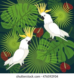 Vector illustration with tropical birds and leaves
