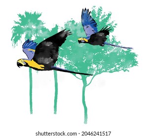 Vector illustration of tropical birds on background with tree silhouettes.