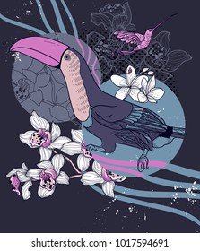 Vector illustration of tropical blooms and birds