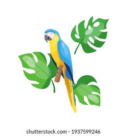  Vector illustration of a tropical blue parrot sitting on a tree in a composition with tropical leaves
