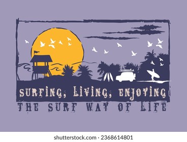 Vector illustration of tropical coastal landscape with surfing-related silhouettes. Art in a laid-back style for prints, posters, decoration, etc.