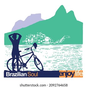 Vector illustration of tropical coastline landscape with cyclist silhouette. Handmade art.