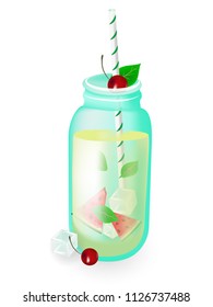 Vector illustration of a tropical cocktail with a cherry, watermelon and mint on a white background. Hello summer.