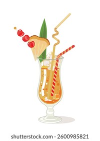 Vector illustration of tropical cocktail "Planter's Punch" in a glass "Hurricane" on a white background. Ideal for menus, design and postcards.