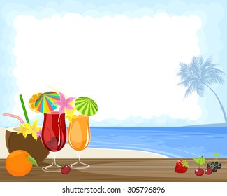 Vector illustration of a tropical cocktails and ocean 