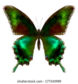 Vector illustration of tropical emerald butterfly on a white background, triangular geometric style