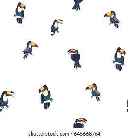 Vector illustration Tropical exotic bird toucan summer seamless hipster pattern. Hand drawn, white background. Greeting card, invitation, party flyer, textile print