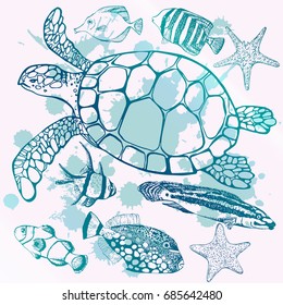 Vector illustration of tropical fish, sea turtle, starfish, shell. Marine set. Perfect for invitations, greeting cards, print, banners, poster for textiles, fashion design. 