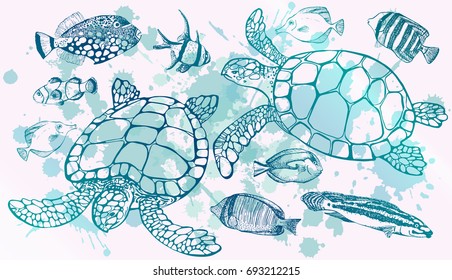 Vector illustration of tropical fish and sea turtle. Marine set. Perfect for invitations, greeting cards, print, banners, poster for textiles, fashion design.