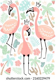 Vector illustration tropical flamingos in the leaves, palm, fruit. Summer hand-drawn poster for kids, holidays, clothes, decor.