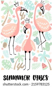 Vector illustration tropical flamingos with palm, leaves, strawberry, pineapple, watermelon, hearts, cacti. Summer hand-drawn exotic poster for kids, holidays, clothes, decor, textile, fabric, cards