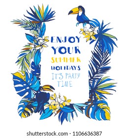 Vector illustration Tropical floral summer party poster with palm beach banana monstera leaves, flowers, bird toucan.. Yellow and blue. Grunge style design print, poster, party invitation, flyer card.