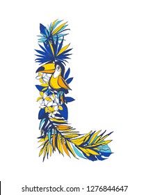 Vector illustration Tropical floral summer letter L with monstera palm beach leaves, flowers, flamingo, toucan birds . Hand drawn ink grunge design blue, orange, yellow.