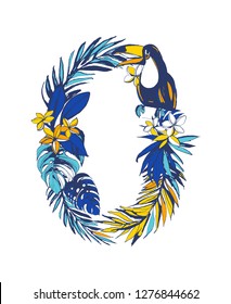 Vector illustration Tropical floral summer letter O with monstera palm beach leaves, flowers, flamingo, toucan birds . Hand drawn ink grunge design blue, orange, yellow.