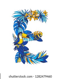Vector illustration Tropical floral summer letter E with monstera palm beach leaves, flowers, flamingo, toucan birds . Hand drawn ink grunge design blue, orange, yellow.