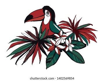 Vector illustration Tropical floral summer poster palm beach leaves, flowers, bird toucan. Grunge style design print, poster, flyer card