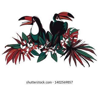 Vector illustration Tropical floral summer poster palm beach leaves, flowers, bird toucan. Grunge style design print, poster, flyer card