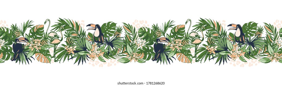 Vector illustration Tropical floral summer party poster palm beach banana monstera leaves, flowers, bird toucan. Grunge style design print, poster, party invitation, flyer card