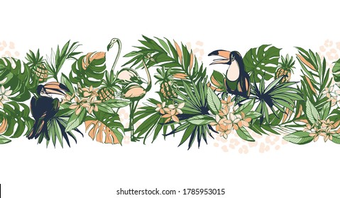 Vector illustration Tropical floral summer party poster palm beach banana monstera leaves, flowers, bird toucan. Grunge style design print, poster, party invitation, flyer card