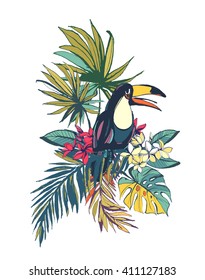 Vector illustration Tropical floral summer beach party card with monstera  palm  leaves, flowers and toucan birds. Textured ink splatter grunge style background.