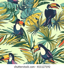 Vector illustration Tropical floral summer seamless pattern background with monstera  palm beach leaves and toucan birds.