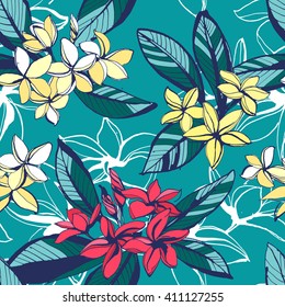 Vector illustration Tropical floral summer seamless pattern background with plumeria flowers with leaves. 