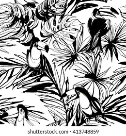 Vector illustration Tropical floral summer seamless pattern background  with monstera palm leaves and toucan birds.