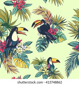 Vector illustration Tropical floral summer seamless pattern background  with monstera 
 palm leaves, flowers and toucan birds.