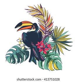 Vector illustration Tropical floral summer beach party card with monstera  palm leaves, flowers and toucan birds