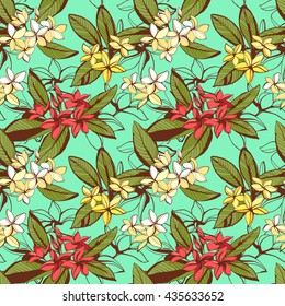 Vector illustration Tropical floral summer seamless pattern with plumeria flowers with leaves. Ink splatter grunge style floral design