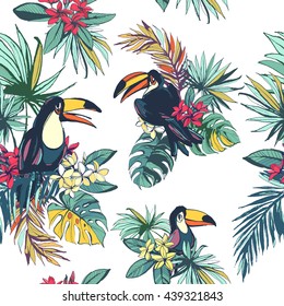 Vector illustration Tropical floral summer seamless pattern with monstera palm beach leaves,  flowers and toucan birds.