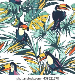 Vector illustration Tropical floral summer seamless pattern with monstera  palm beach leaves and toucan birds.