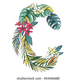 Vector Illustration Tropical Floral Summer Pattern Hand Drawn Ornamental Font Set With Monstera  Palm Beach Leaves, Flowers. Letter C