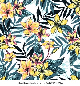 Vector illustration Tropical floral summer seamless pattern background with plumeria flowers with leaves.