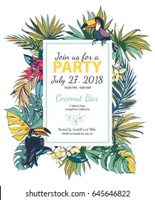  Vector illustration Tropical floral summer party poster with palm beach leaves. Ink splatter grunge style.Textured floral design