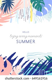 Vector illustration Tropical floral summer party poster with palm beach leaves. Ink splatter grunge style.Textured floral design