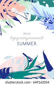 Vector illustration Tropical floral summer party poster with palm beach leaves. Ink splatter grunge style.Textured floral design