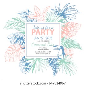 Illustration vectorielle Affiche tropicale florale de la fête d'été avec des feuilles de palmiers monstères. Style grunge éclaboussé d'encre.Création florale à texture