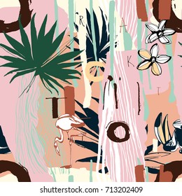 Vector illustration Tropical floral summer seamless color background pattern with monstera palm beach leaves, flowers, flamingo, toucan birds and leopard, zebra prints. Hand drawn ink  style design.