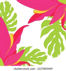 Vector illustration of tropical flower and monstera leaf background