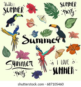 Vector illustration with tropical flowers and birds and trendy lettering