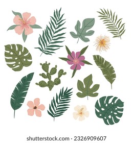 Vector illustration with tropical flowers and palm leaves, clipart.